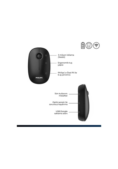 Philips SPK7378 Kablosuz 1600DPI 3 Tuşlu Optik Sessiz Mouse