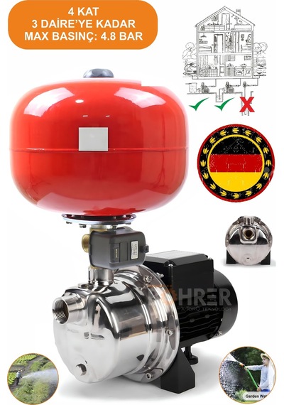 Böhrer Bakır 4 Kat 4 Daire 1hp Otomatik Aç Kapa 24l Yatay Hidrofor Tank