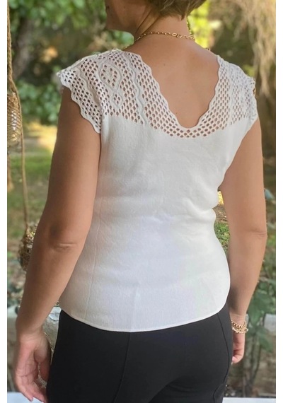 Mia Butik Kadın Beyaz Sıfır Kol Ajurlu Triko Bluz Beyaz