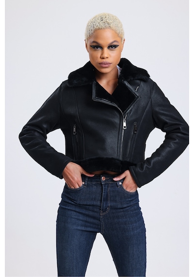 M M Marki Marki Hakiki Deri Crop Ceket, 54 Cm, Sportif & Outdoor Görünüm, Hakiki Kürklü - 112422 Siyah