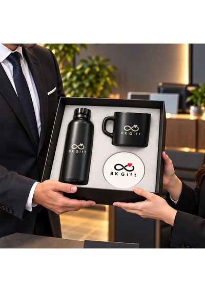 Logonuza Özel 10 Adet 3'lü Siyah Cam Suluk & Seramik Kupa & Mdf Bardak Altlığı - Kurumsal Promosyon Seti