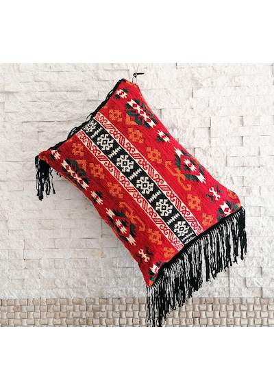 Etnik Kırmızı Kilim Püsküllü Kırlent Bohem Dekoratif İçi Dolgulu Yastık Kırmızı