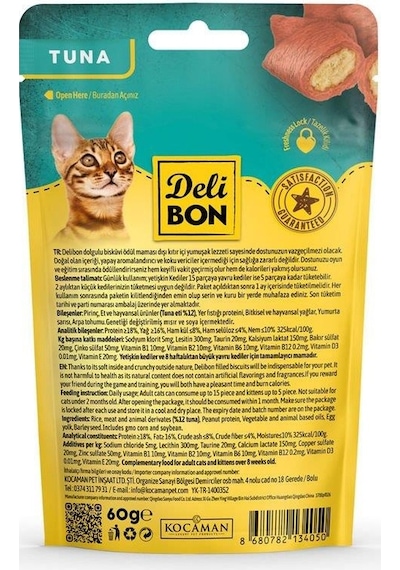 Delibon Crunchy İçi Dolgulu Bisküvi Tunalı Kedi Ödülü 60 G