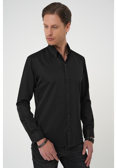 Efor Slim Fit Düğmeli Yaka Pamuklu Klasik Siyah Gömlek Gk 736 Siyah