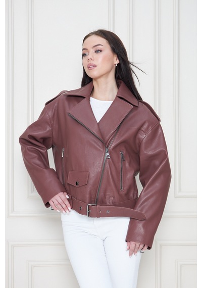 M M Marki Marki Kadın Hakiki Jumbo Deri Ceket Biker Tarz, Kemerli, Oversize, Apoletli, 62 Cm, Kahverengi - 117822