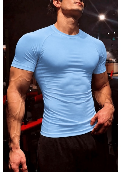 Genius Store Erkek Dalgıç Kumaş Compression Spor Tişört Muscle Body Fit Gym Antrenman T-shirt Compression-t-shirt Mavi