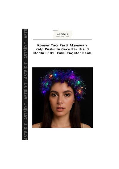 Konser Tacı Parti Aksesuarı Kalp Püsküllü Gece Parıltısı 3 Modlu Led'li Işıklı Taç Mor Renk Diğer