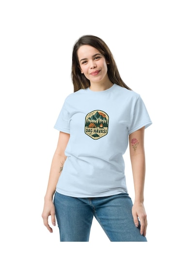 Wildstyle Dağ Havası Renkli Vintage Dağ Doğa Kamp Rozet Baskılı Unisex Bisiklet Yaka Pamuklu Tişört Bebek Mavisi