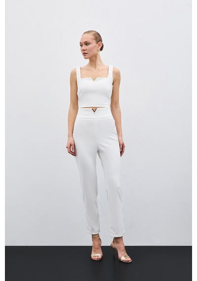 Sateen Bel Aksesuarlı Pantolon - Ekru-135480 Ekru