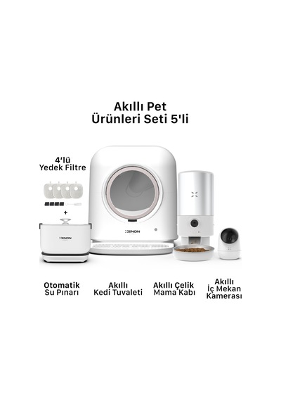 Xenon Smart Akıllı Otomatik Kedi Tuvaleti Çelik Mama Kabı Su Sebili Kamera Ve Yedek Filtre 5'li Pet Seti