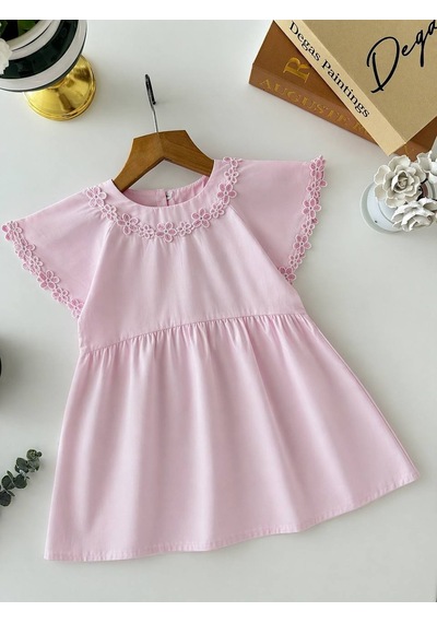 Miniko Kids Kız Çocuk Yaka Çiçek İşlemelei Pamuk Elbise Pembe