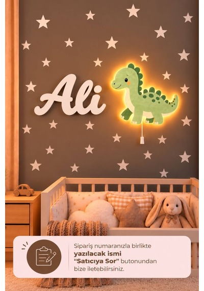 Ahşap Dinozor Lamba & Işıksız İsimlik Seti İsimli Bebek Ve Çocuk Odası Dekoru Yeşil