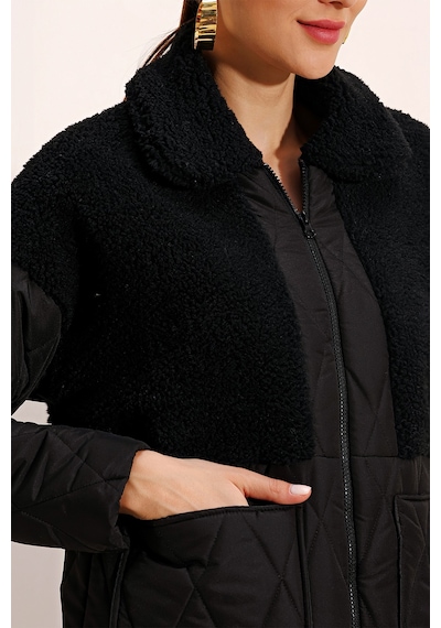 Bigdart 5182 Peluş Detaylı Oversize Şişme Mont - Siyah