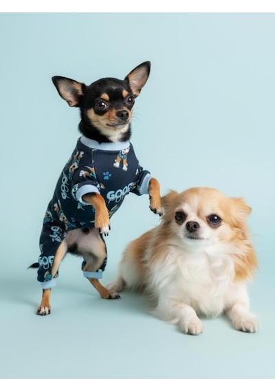 Goodpaws Lacivert Penye Köpek Tulumu Desenli Köpek Pijaması Küçük Irklar İçin