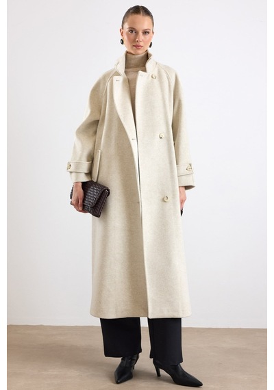 Olcay Dik Yaka Pat Detaylı Oversize Kaban Bej Melanj 3177