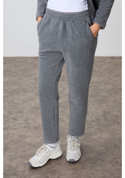 Tommy Life Gri Melanj Kalın Yumuşak Dokulu Dik Yaka Oversize Nakışlı Polar Kadın Eşofman Takım -95339 GRİ MELANJ