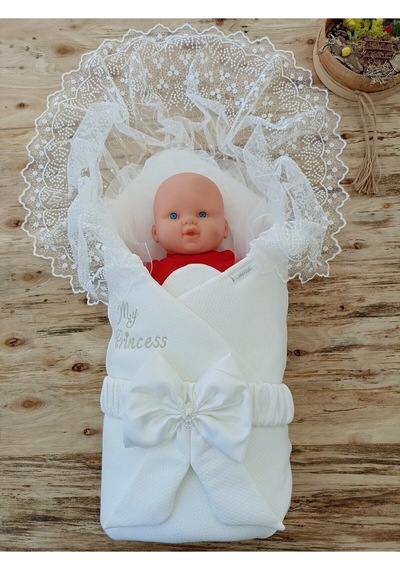 Mevlütlük Dantelli Bebek Kundağı Unisex Bebek Dış Kundak Battaniyesi Hastane Çıkışı Yenidoğan Kundak Ekru