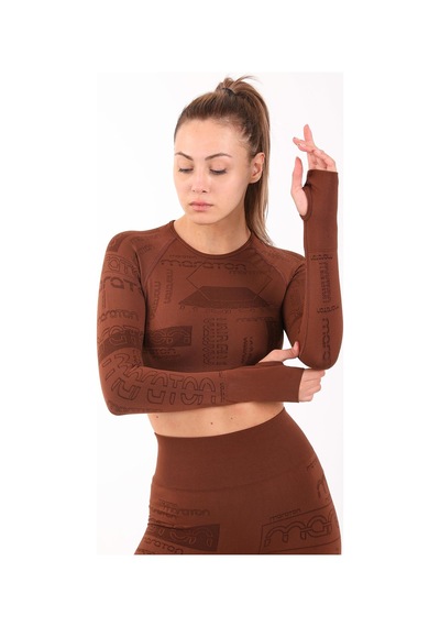 Maraton Active Slimfit Kadın Bisiklet Yaka Uzun Kol Koşu Sepya Crop Top 816025 Kahverengi