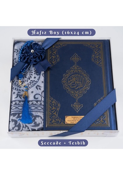 Kuran + Seccade + Tesbih Hediye Seti Hafız Boy, Ekonomik Cilt, Desenli Kutu, Lacivert