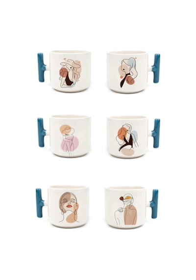 6'lı Modern Kız Art - T Kulp Kupa 1 Beyaz
