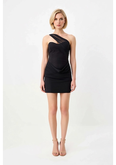 Benerly Kadın Straplez Kolsuz Mini Elbise Tül Detaylı Bodycon Kesim Dokum Siyah