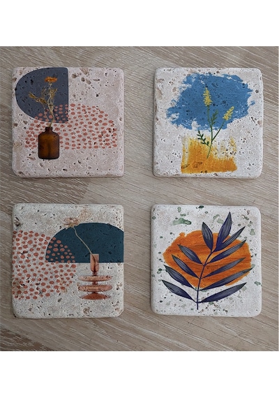 Soyut Çiçek Yaprak Ve Objeler Doğal Taş Bardak Altlığı 4'lü Set - Natural Stone Coasters - Taş Çok Renkli