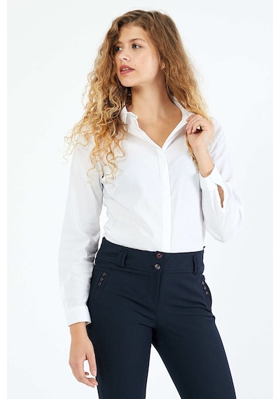 Pera Moda Kadın Basic Kesim Vücudu Saran Likralı Gizli Düğme Özellikli Gömlek Beyaz