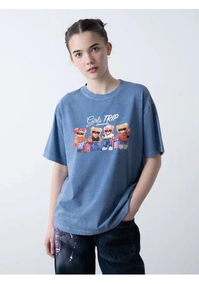 Zekids Kız Çocuk Ayıcık Baskılı Oversize T-shirt-15808 Mavi