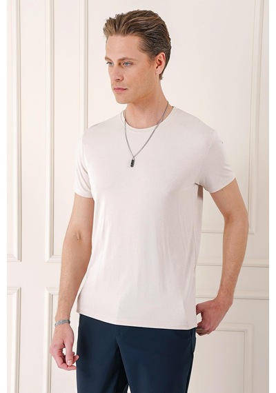 Efor Slim Fit Bisiklet Yaka Düz Pamuklu Açık Bej Tişört Ts 823 Bej