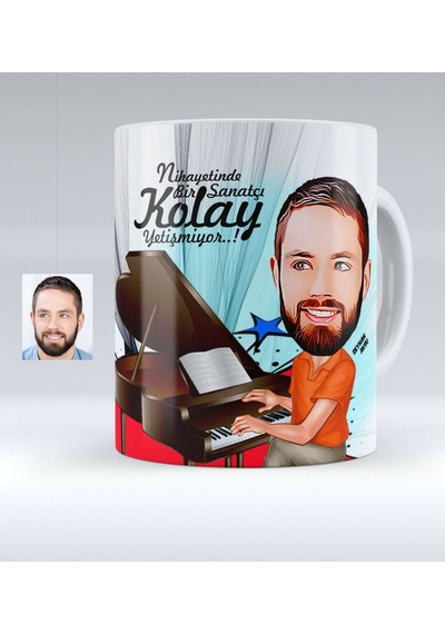 Kişiye Özel Bay Piyanist Karikatürlü Beyaz Kupa Bardak - 1