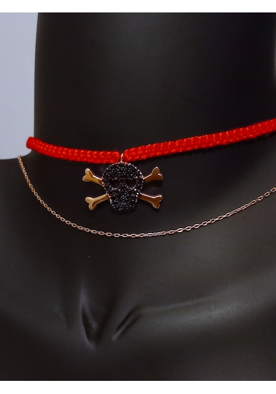 Gümüş Gold Kuru Kafa Kırmızı İp Tasarım Kadın Choker Kolye