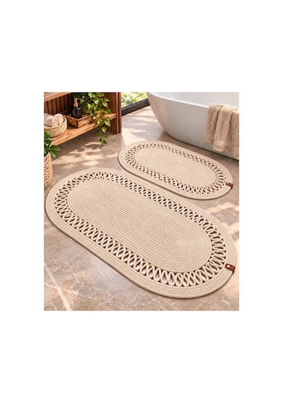 Oval Örgü Banyo Paspası Hasır Görünümlü Dekoratif Kaymaz Banyo Paspası 2 Adet Dekoratif Kutu Hediye Krem Krem