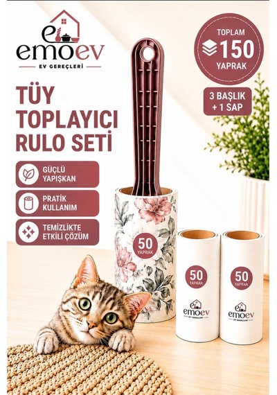 Tüy Toplayıcı Rulo Seti 3 Başlık / Toplam 150 Yaprak - Yüksek Yapışkanlı Kedi Köpek Tüyü, Koltuk Ve Giysi Temizleme Rulosu