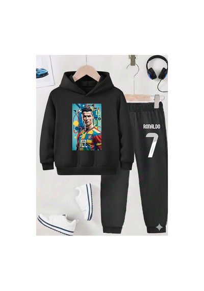 Stil X Ronaldo Baskılı Erkek Çocuk Eşofman Takımı, 3 İplik Şardonlu Kumaş Siyah-4