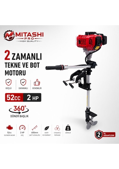 Mitashi Pro Mts24 2 Zamanlı Benzinli Tekne Motoru 360 Döner Başlık Hafif Ve Güçlü Dıştan Takma Bot Motoru