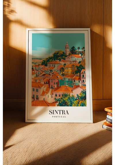 Sintra Portugal Vintage Seyahat Posteri Çerçeveli Tablo - Premium Portekiz Masalsı Duvar Dekoru Beyaz