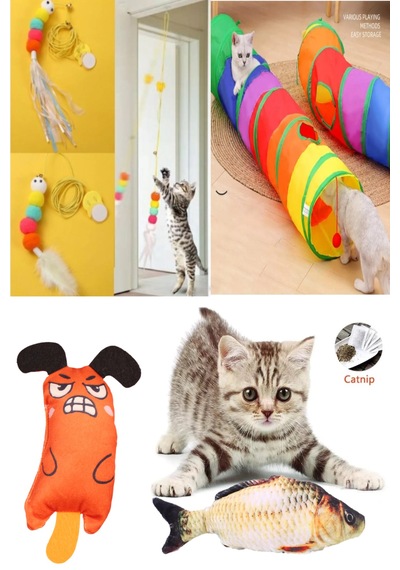 Kedi Tüneli + Elastik Olta + Peluş Balık + Sazan Peluş Fare Oyun Seti 4'lü