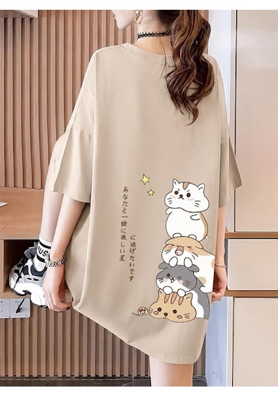 Harajuku Japon Yazılı Kedi Tasarımlı Unisex Oversize T-shirt Taş Rengi