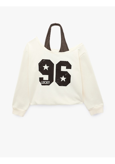 Koton Halter Yaka Uzun Kollu Şardonlu Baskılı Sweatshirt Ekru 7wal10255ık