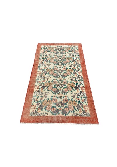 El Dokuma Eskitme Vintage Halı 118x208 Çiçekli Turuncu Retro Halı Turuncu