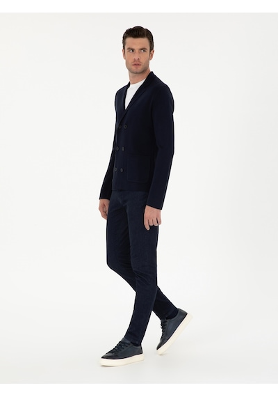 Cacharel Lacivert Slim Fit Yün Karışımlı Kruvaze Triko Hırka