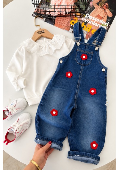 Minigimin Cicileri Çiçek Aplikeli Denim Salopet Ve Dantel Yakalı Bluz Kız Çocuk 2 Li Takım - Mavi Diğer Minigimin Cicileri Çiçek Aplikeli Denim Salopet Ve Dantel Yakalı Bluz Kız Çocuk 2 Li Takım - Mavi Diğer