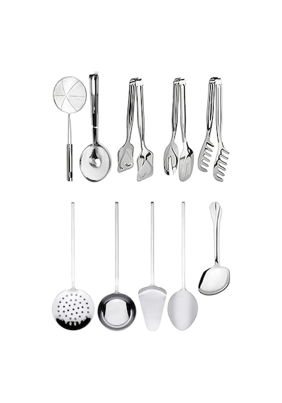 10 Parça Sunum Hazırlama Servis, Kevgir, Makarna Maşası, Pasta Maşası, Salata Maşası Mutfak Seti Gri