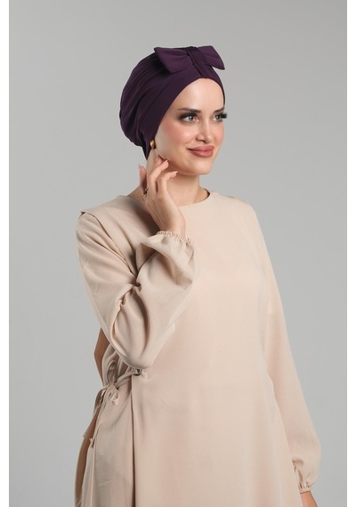Hürrem Bone Mürdüm Pratik Hazır Geçmeli Fiyonklu Bone Sandy Çift Taraflı Çapraz 3007b 07 Mürdüm