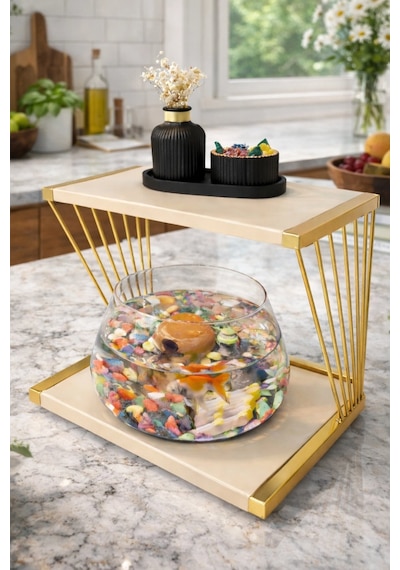 Reyo Ok-ay Store Exclusive Işıklı Beta Akvaryum Ve Fanus Modern Tasarım Led Aydınlatmalı Modern Temalı Fanus Gold-krem