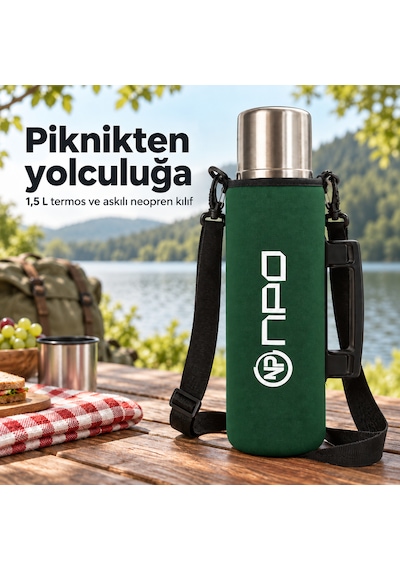 Npo Nt01 2 Katman Vakum Teknolojili 24h Sıcak 48h Soğuk 72h Buzlu Koruma Çelik Termos Yeşil Kılıflı
