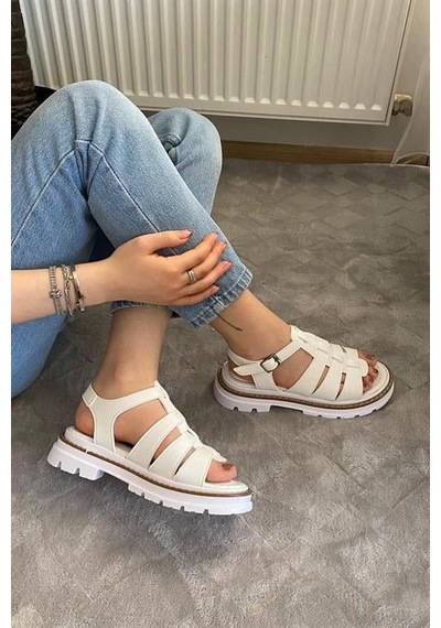 Kadın Beyaz Kafes Model Vardola Deyatlı Kalın Taban Ortopedik Sandalet K-140 Beyaz