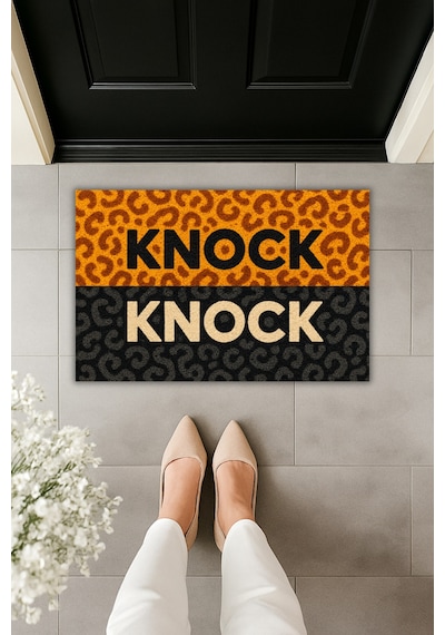 Rugmood Knock Çift Renk Leopar Desenli Modern Kapı Önü Paspası Kaymaz Taban Dijital Baskılı Paspas 70x45 Cm Turuncu