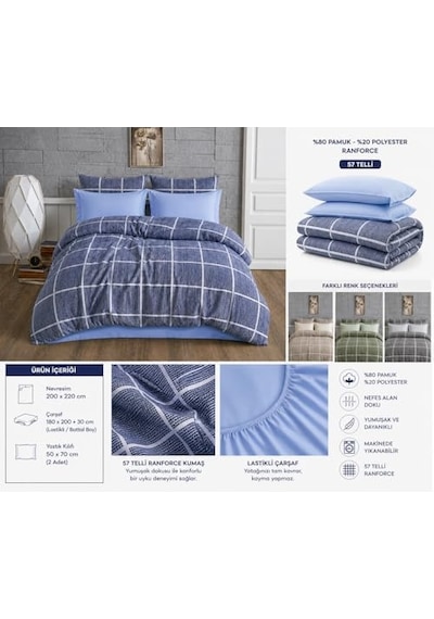 Lüks%80 Pamuklu Çift Kişilik Nevresim Takımı Seti Yorgan Kılıfı Mavi Lacivert Kare Beyaz Çizgi Desen 200x220 Cm Diğer