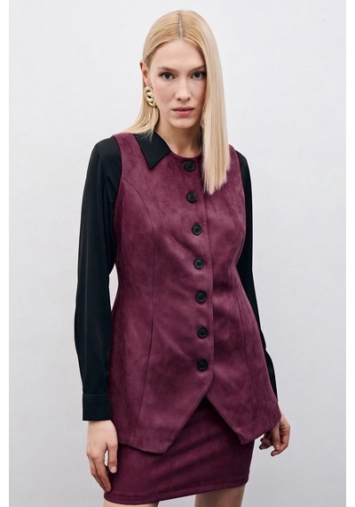 Sateen Düğmeli Uzun Süet Yelek - Mürdüm-135508 Mürdüm